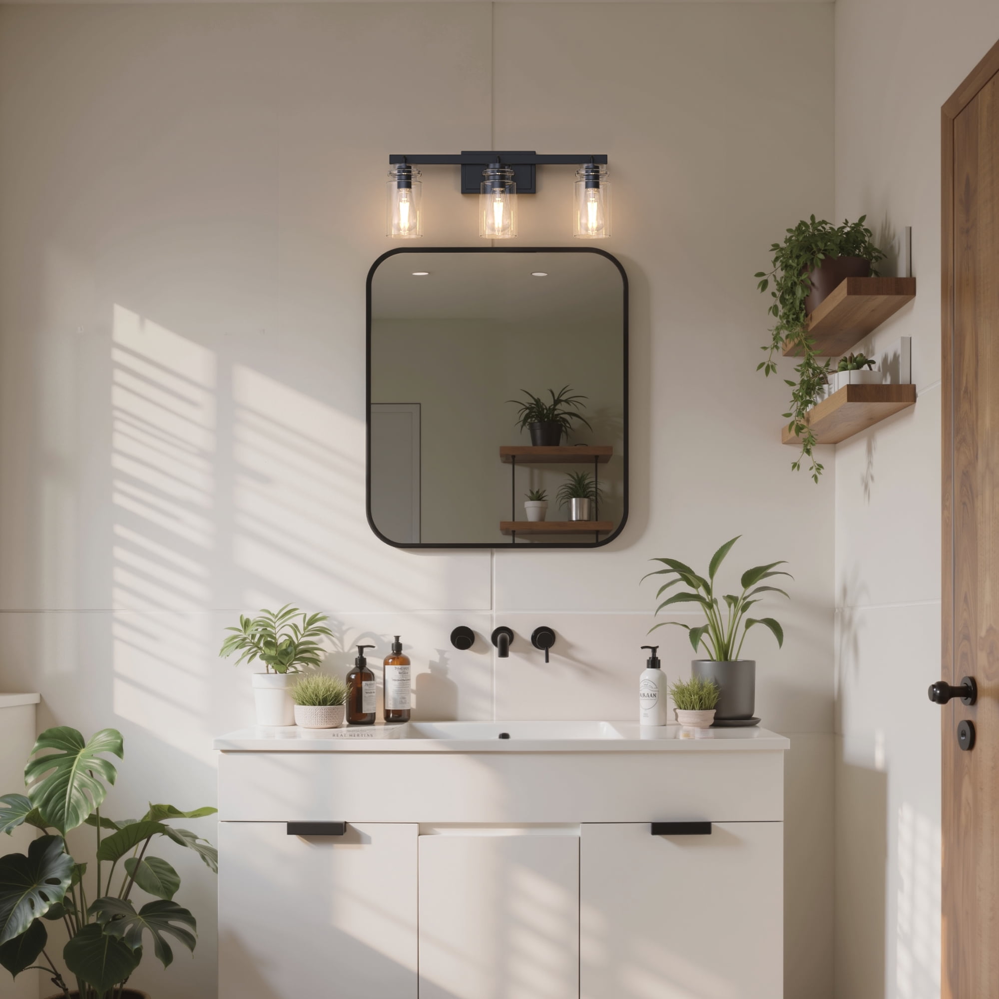 YANSUN 24 in 3-Light Black Modern Cylinder Vanity Light, Clear Glass Bathroom Wall Fixture Over Mirror, for Bathrooms, Powder Rooms, or Vanity Nooks