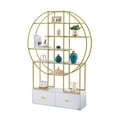 thumbnail image 3 of PORKISS 5 Tiers Open Shelf Bookcase Bookshelf, Modern Display Shelf with 2 Drawers, Freestanding Etagere Bookcase with Gold Frame, Round Tall Bookshelf for Office, Golden/White, 3 of 12