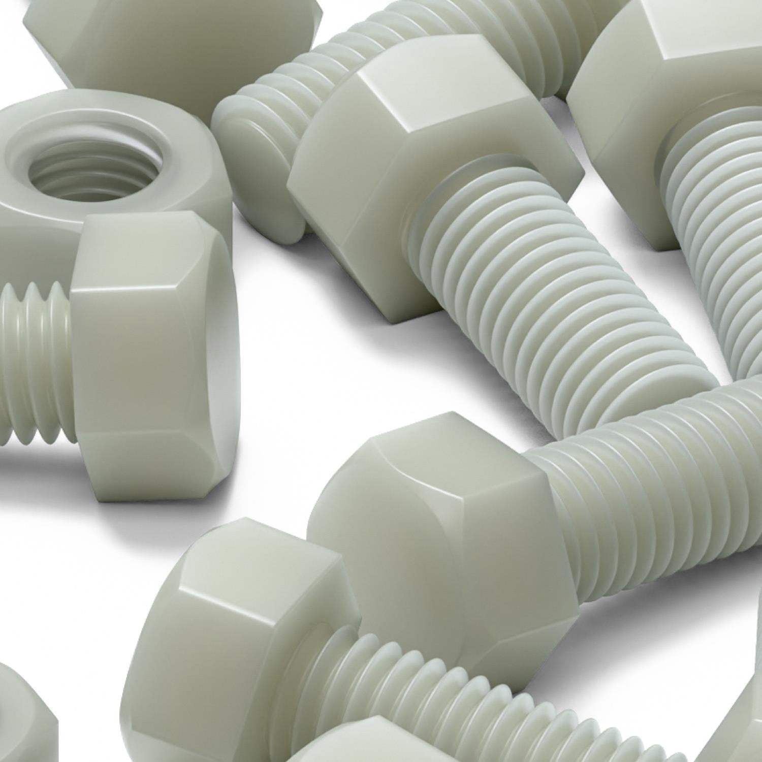 50 x Glass Filled Reinforced, Super Nylon Hex Head, M8 x 20mm, Machine Screws, Plastic Nuts and Bolts, Washers, (5/16 x 25/32 in)