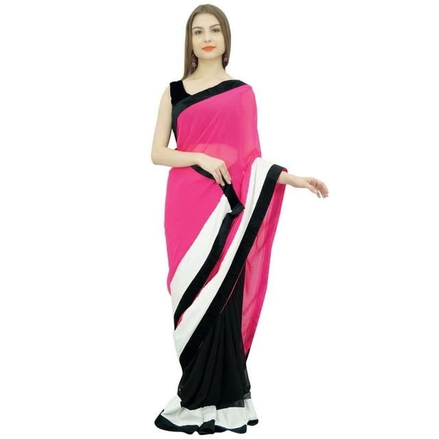 Atasi Women's Solid Pink Designer Georgette Saree With Unstitched Blouse Piece