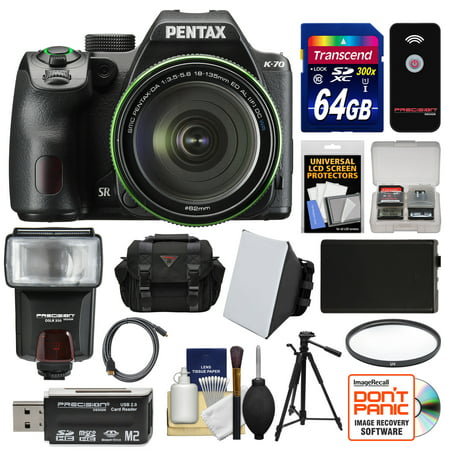 Pentax K-70 All Weather Wi-Fi Digital SLR Camera & 18-135mm WR Lens (Black) with 64GB Card + Case + Flash + Battery + Tripod + Filter + Kit