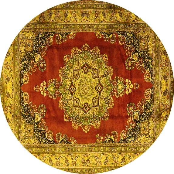 Ahgly Company Machine Washable Indoor Round Medallion Yellow Traditional Area Rugs, 7' Round