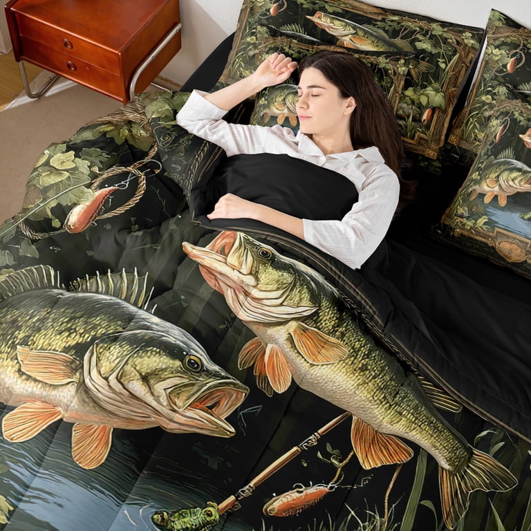 bass pro shops reel fish bedding sets Manfei Bass Fish 7 Pieces Bedding Comforter Set,Fishing Hunting Full  Bedding Set Lightweight,Lodge Cabin Fitted Sheet Flat Sheet,Breathable  Rustic