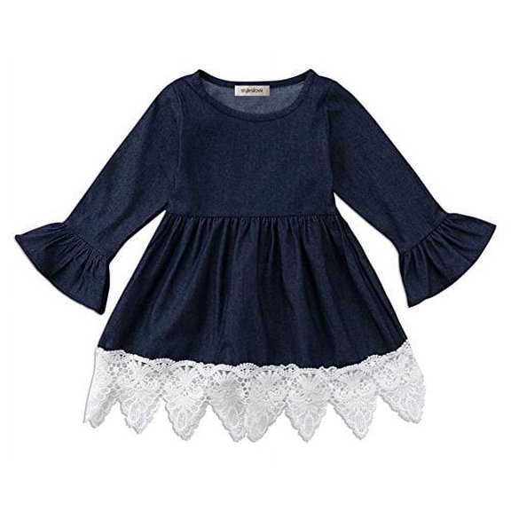 stylesilove Cute Denim Bell Sleeve Lace Trim Kids Girl Dress (80/1-2 Years)