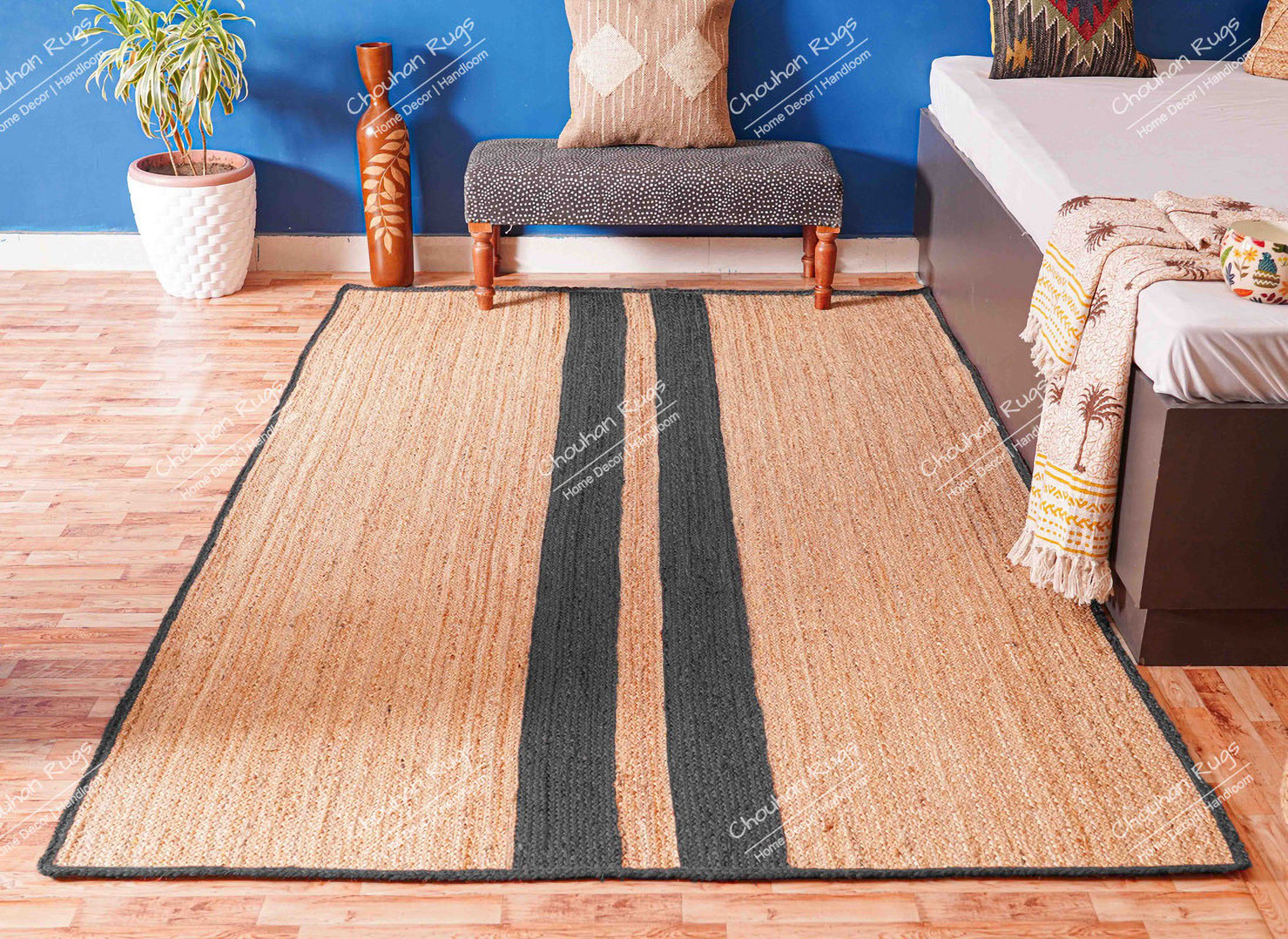 Chouhan Rugs Natural Jute Dark Grey Lined Rug Bohemian Rug Decor Rug Handwoven Rug Custom Rug Decorative Rug