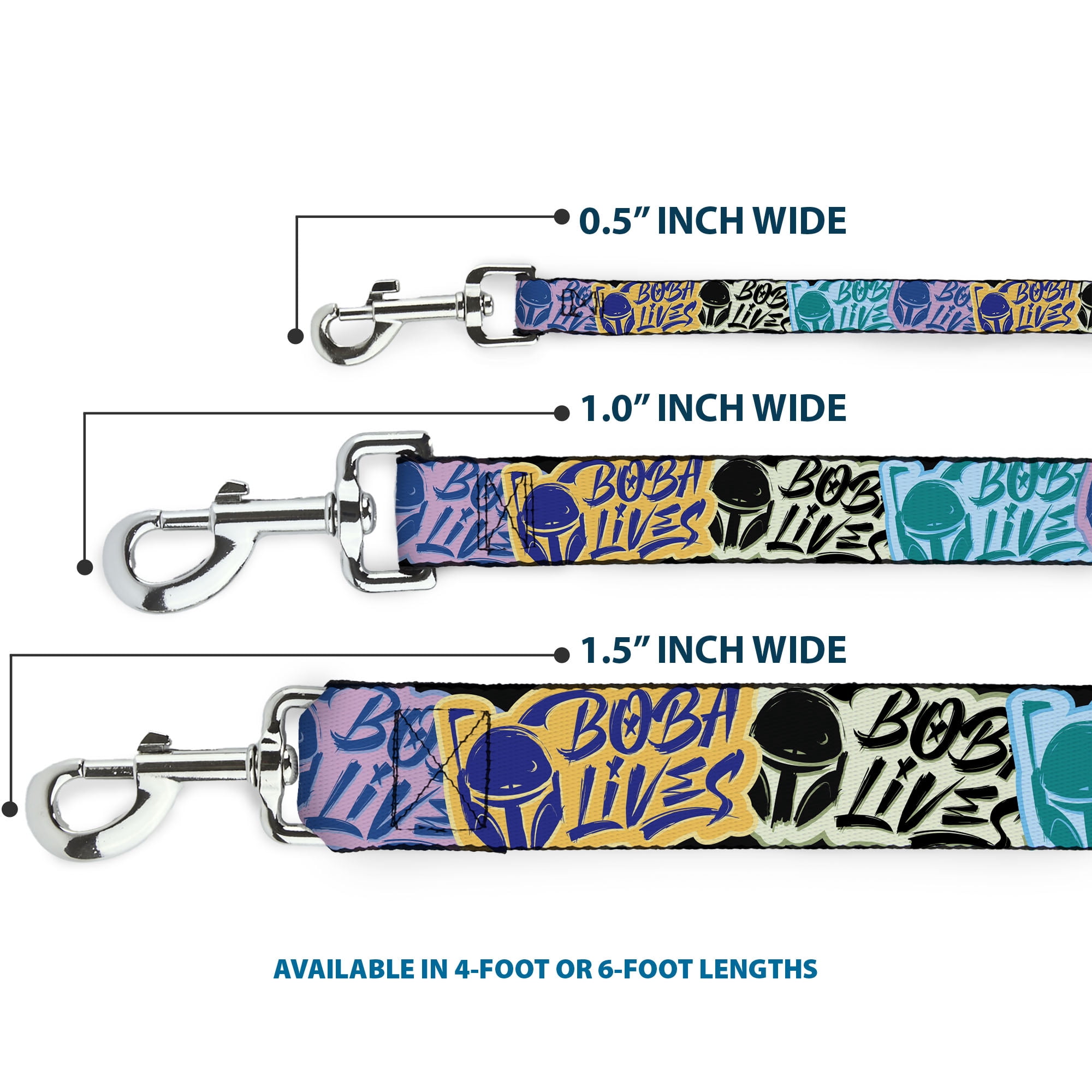 Star Wars Pet Leash, Dog Leash, Boba Fett Boba Lives Graffiti Stacked Multi Color, 6 Feet Long 1.0 Inch Wide