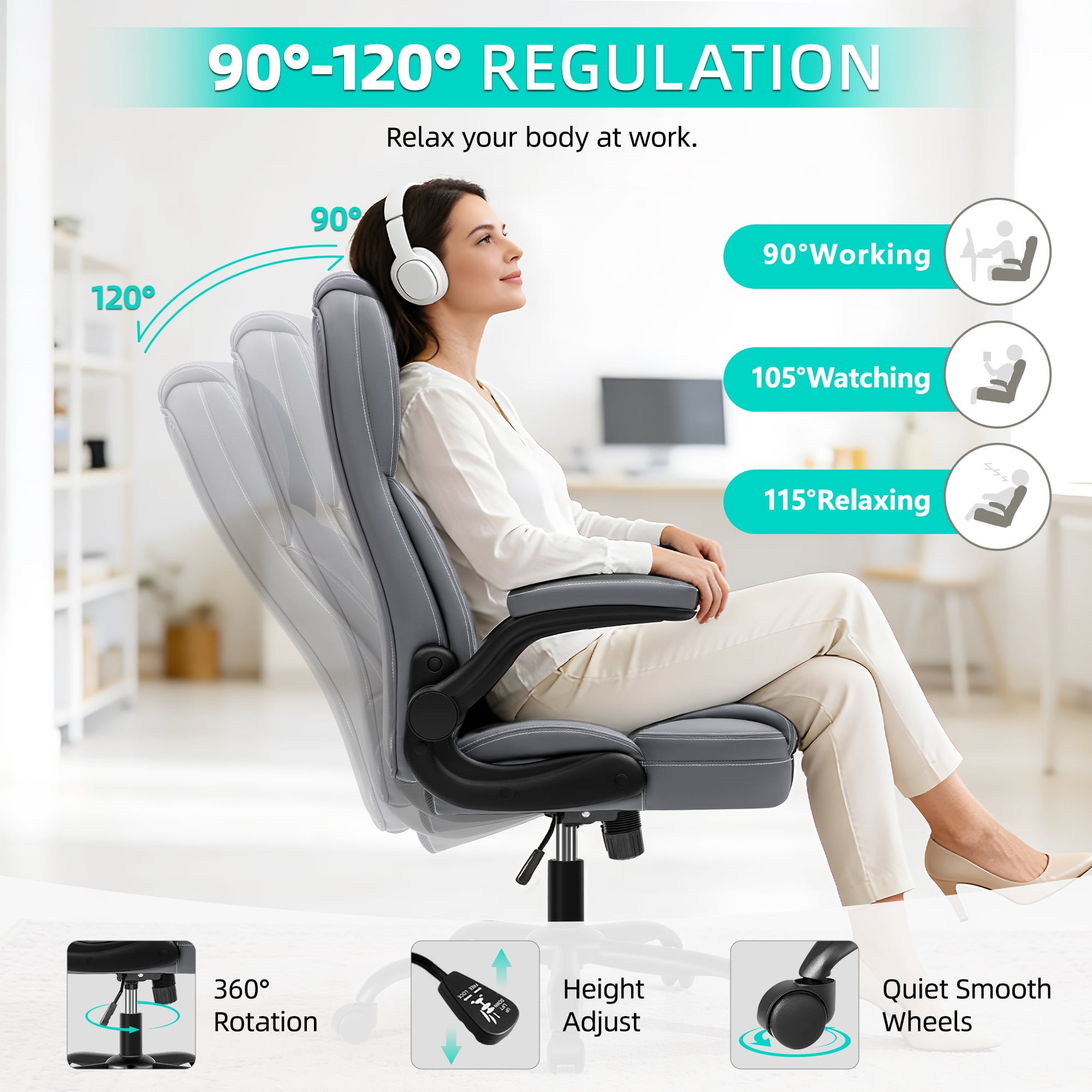 COOLHUT Bige and Tall Executive Office Chair 400lbs, Ergonomic PU Leather Computer Desk Chair with Flip-Up Armrests, Comfy Heavy Duty Office Chair for Home Office Gaming, Gray