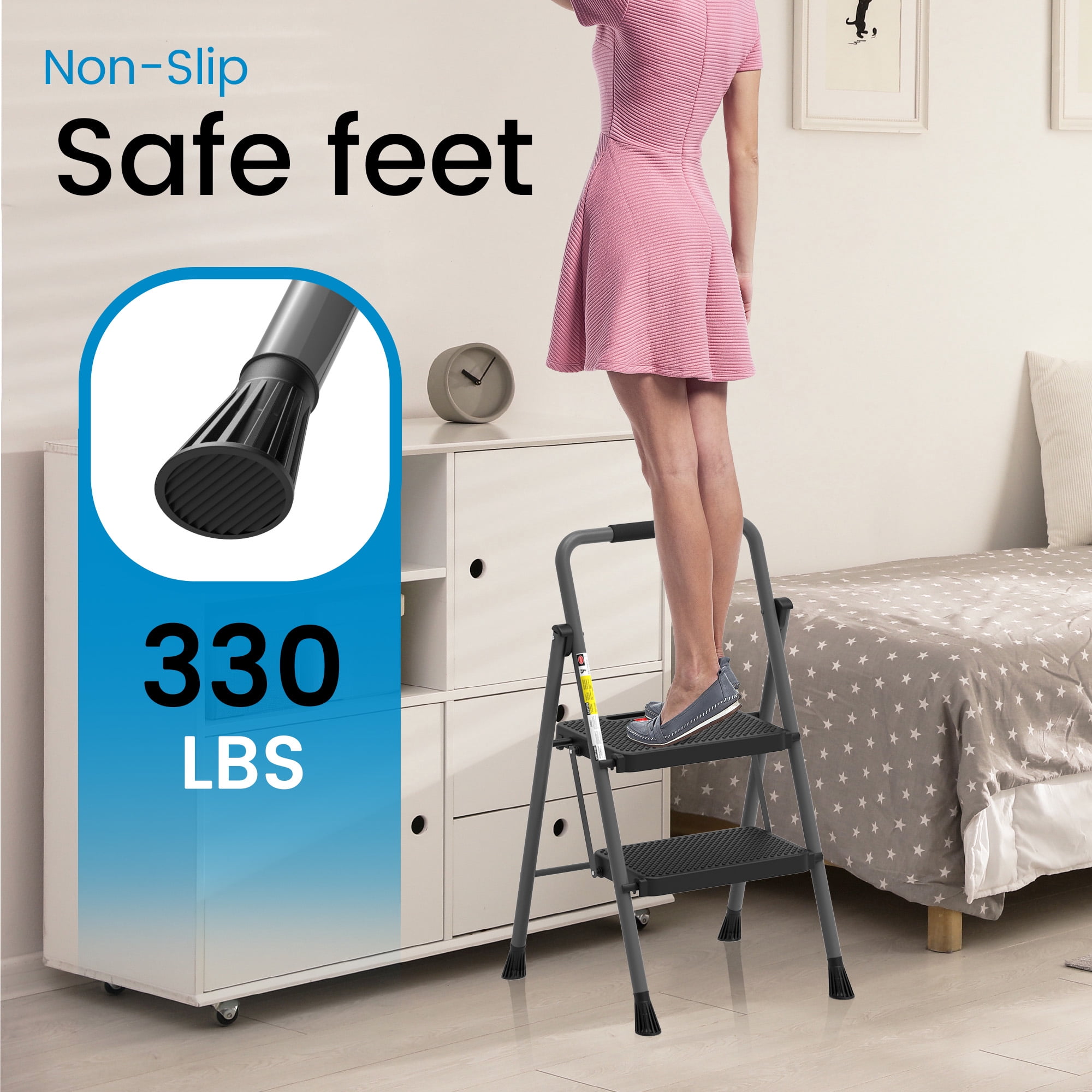 HBTower Steel 2 Step Ladder with Anti-Slip Pedals, 330lbs Capacity, Lightweight for Home Use, Gray