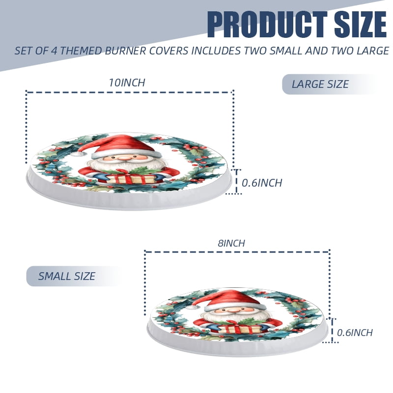 Christmas Round Burner Covers for Electric Stove, Red Santa Present Metal Durable Stovetop Decor Gas Stove Burner Covers Set of 4 Range Accessories for Kitchen, 8 Inches and 10 Inches
