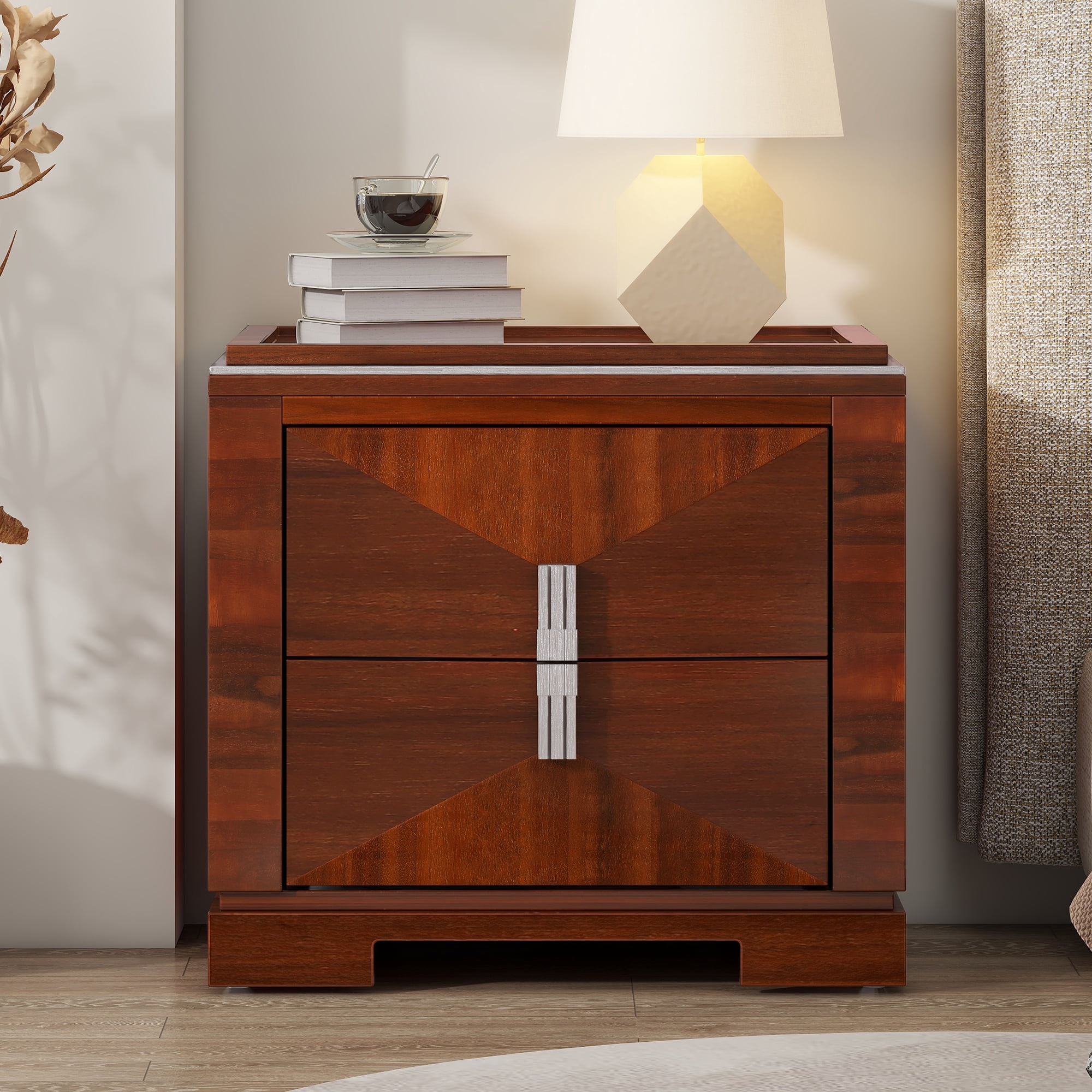 Mid-Century Modern Nightstand 2 Drawers Wide Sofa Side Table Wood Diamond Shaped End Table with Storage Closet with Heavy Duty Base Small Bedside Table for Bedroom Living Room Entrance Dark Brown