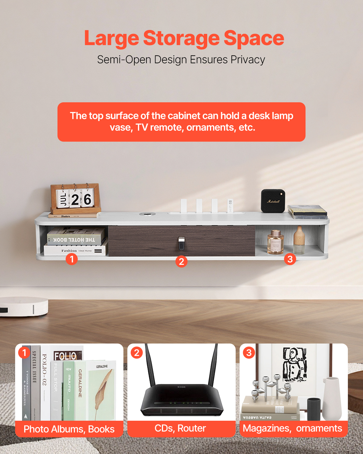 VEVOR Floating TV Stand, 47 in Wall Mount Entertainment Center with Cable Hole, Modern Floating TV Shelf with Storage Cabinet, Particle Board Console for DVD Player, Cable Box, Game Console, White