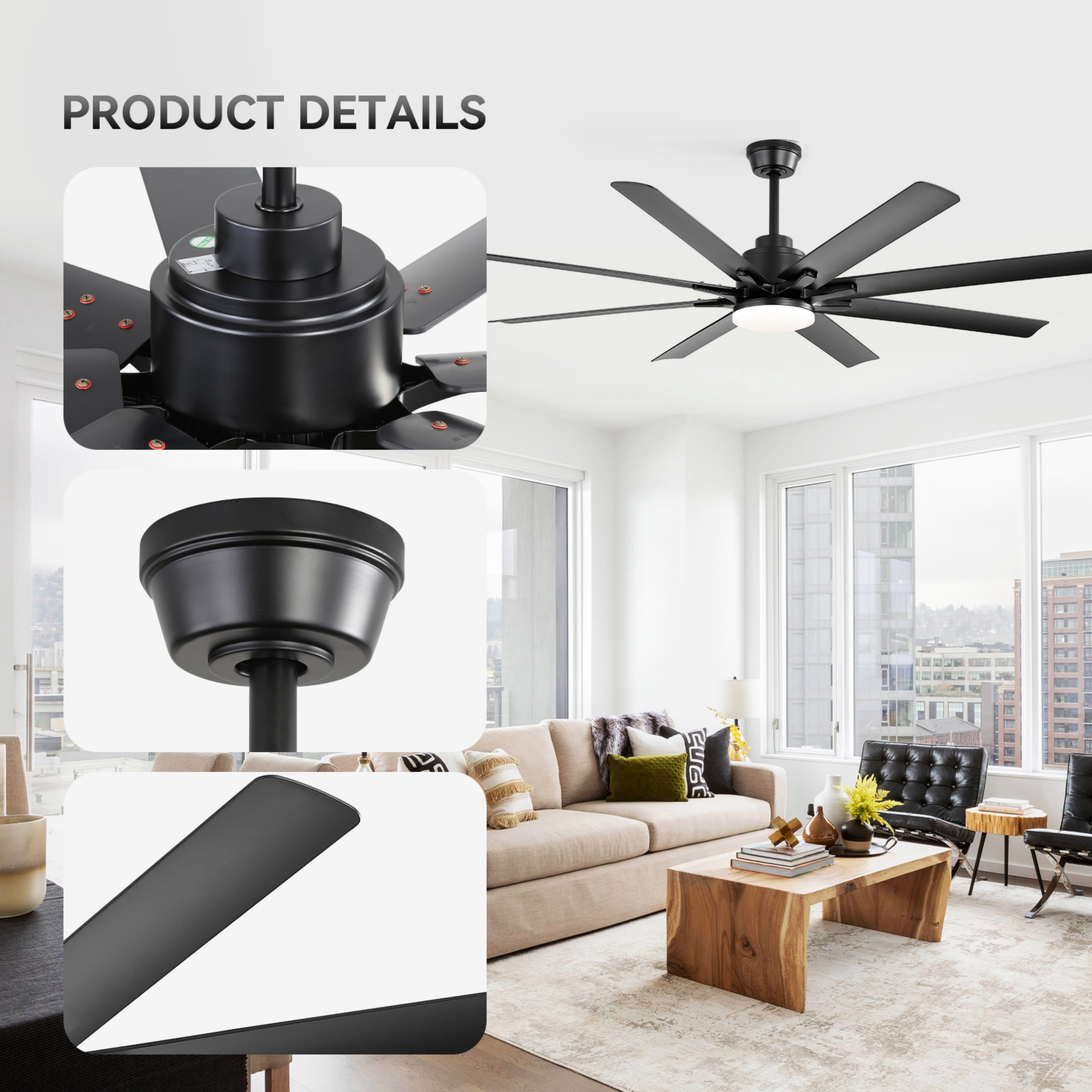 Sofucor 52" Modern Black Ceiling Fan with Light ,Phone APP and Remote,Voice Control