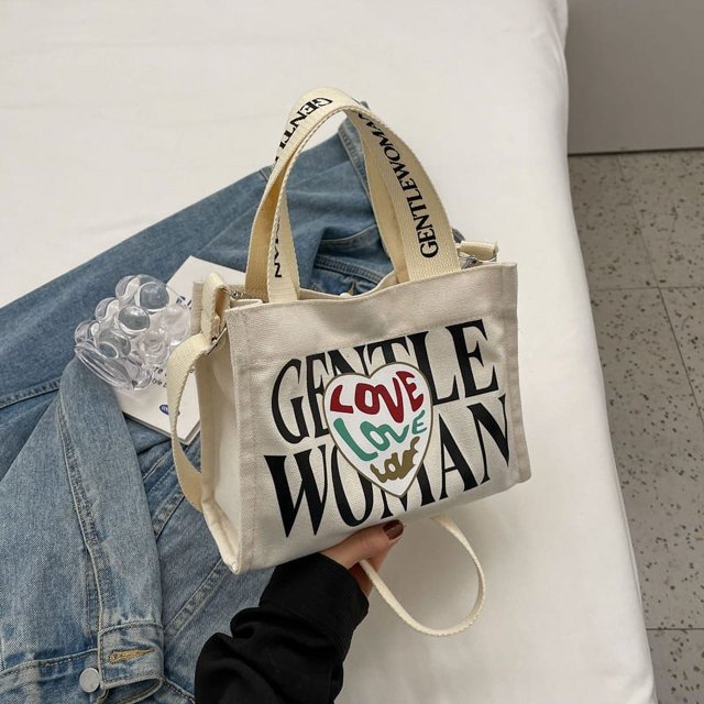 Bolso de lona con estampado de amor para mujer suave, bolso de hombro informal con textura de letras retro a la moda