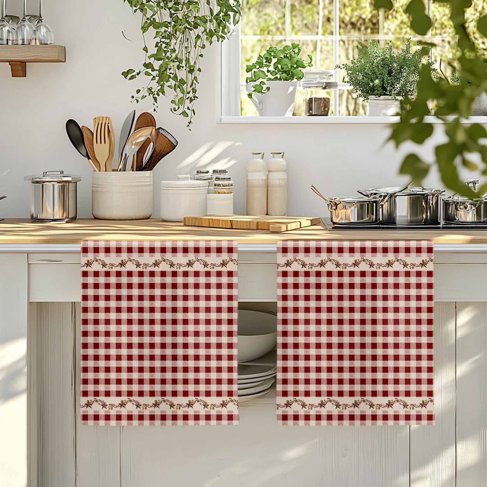 Dish Towels, Barn Stars Rustic Absorbent Kitchen Towels 2 PCS, Vintage Country Red Plaid Microfiber Hand Towels Dish Cloths Tea Towels for Home&nbsp;Bathroom Cleaning Drying,18X28-Inch,