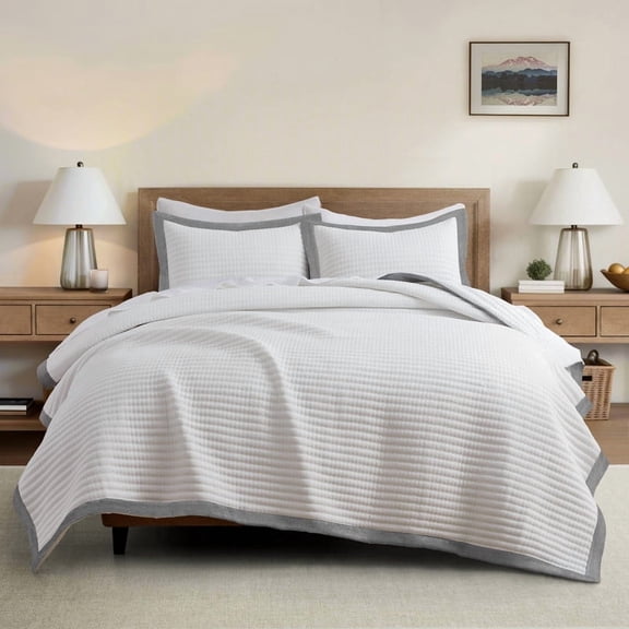 Bed Quilt Set White Queen - Farmhouse Soft Striped Stitch Bedding Bedspread Coverlet Summer Lightweight Bed Sets 1 Quilt with 2 Pillow Shams for Home All Season (Queen, White with Grey Border)