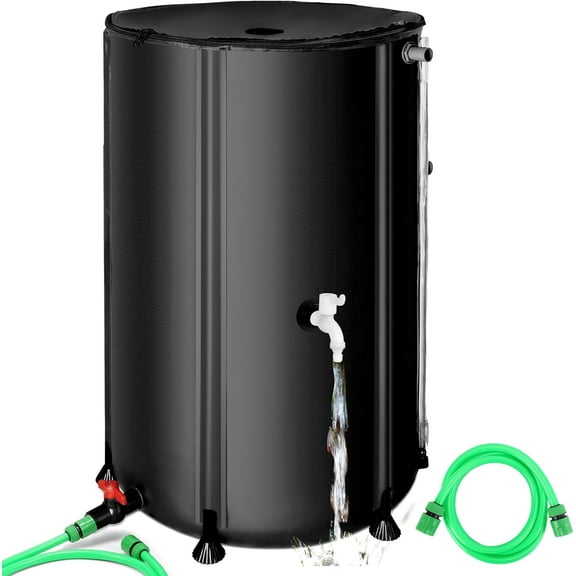 100 Gallon Collapsible Rain Barrel, Portable Rain Water Collection Barrel for Garden/Outside/Lawn, PVC Rainwater Collection System Water Tank Storage Container with Spigots & Overflow Kit, Black