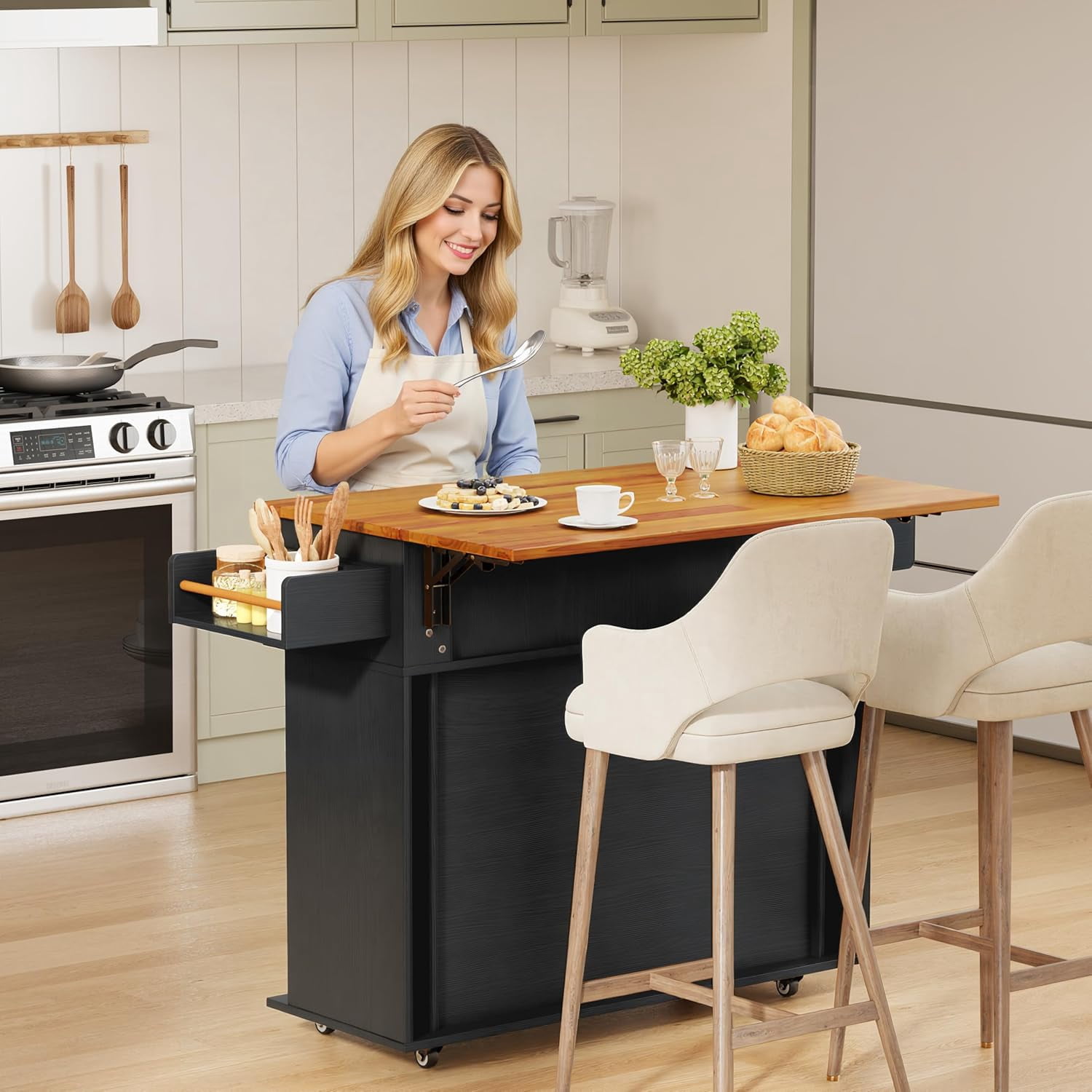 39.4" Rolling Kitchen Island Cart with Drop Leaf Countertop, Sliding Door, Drawers, Spice Rack, and 2-Tier Storage, Black