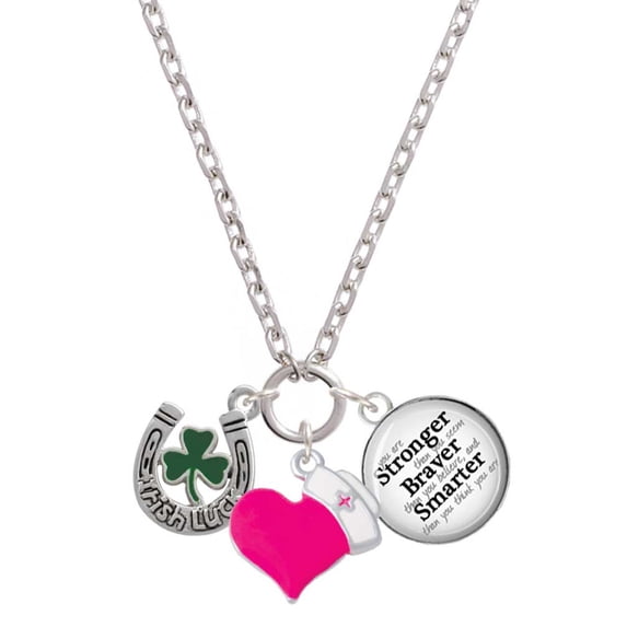 Delight Jewelry Silvertone Irish Luck Horseshoe with Shamrock - Hot Pink Heart Nurse Strong Zoe Necklace