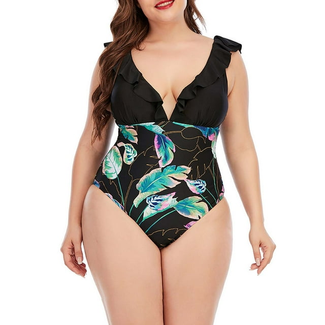 PMUYBHF Female Swimsuit for Women 2024 Plus Size 20 2024 Summer Plus Size Swimsuit Plus Print Color Matching Ruffle Swimsuit Black XXXXL