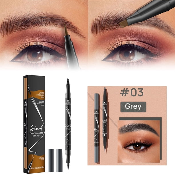 Lápiz de cejas 2 en 1 para microblading de 1 ml, punta de 4 puntas + pincel, aspecto natural 3D, duradero 24 horas, marrón oscuro, fácil de limpiar, compacto, para diferentes tonos de pelo y piel
