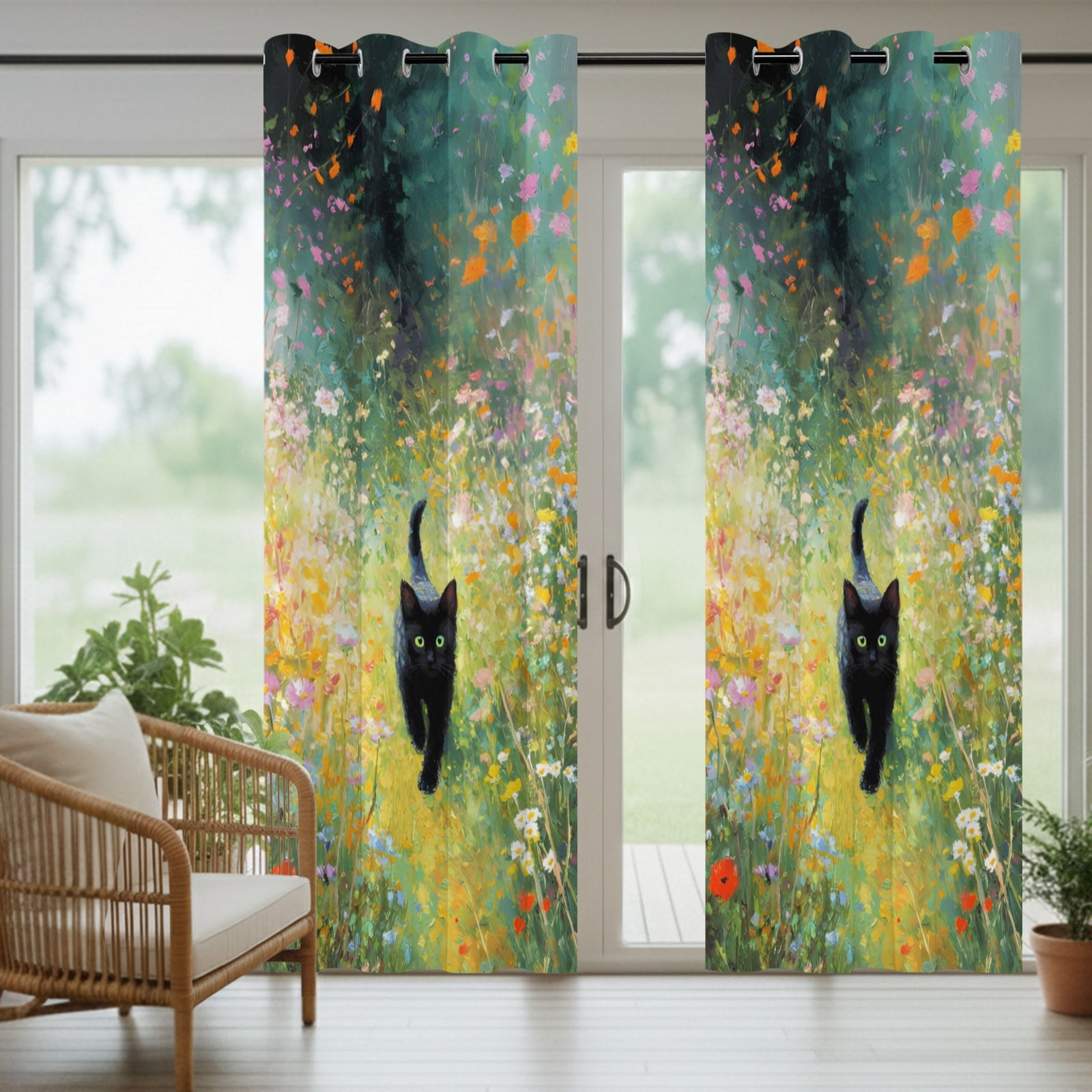 Black Cat Outdoor Curtains for Patio, Colorful Floral Wildflowers Garden Boho Sunshade Privacy Drapes Grommet Waterproof Outside Curtains for Porch/Cabana/Balcony 54"x 108", 1 Panel
