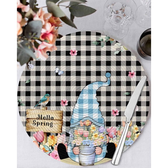 13 Inch Round Placemats Set of 6, Spring Gnomes Floral Non Slip Heat Insulation PP Table Mats, Pink Tulip Botanical Black Plaid Washable Place Mats for Kitchen Dining Party Table Decor