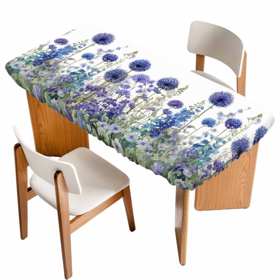 Purple Flowers Table Cloths for 5 Foot Rectangle Tables, Spring Garden Floral Leaves Botanical Country Patio Waterproof Elastic Fitted Tablecloths, Washable Rectangular Table Cover for Camping