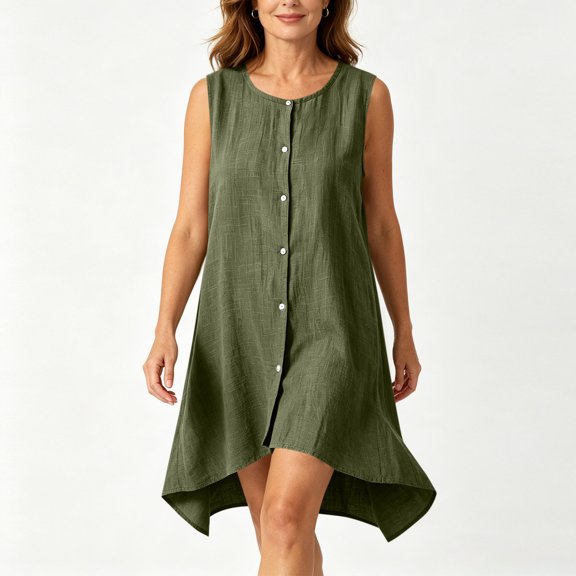 Josdec Women's Casual Round Neck Sleeveless Mini Dresses Button Front Irregular Hem Cotton Solid Color for Summer Daily Wear S-XXL