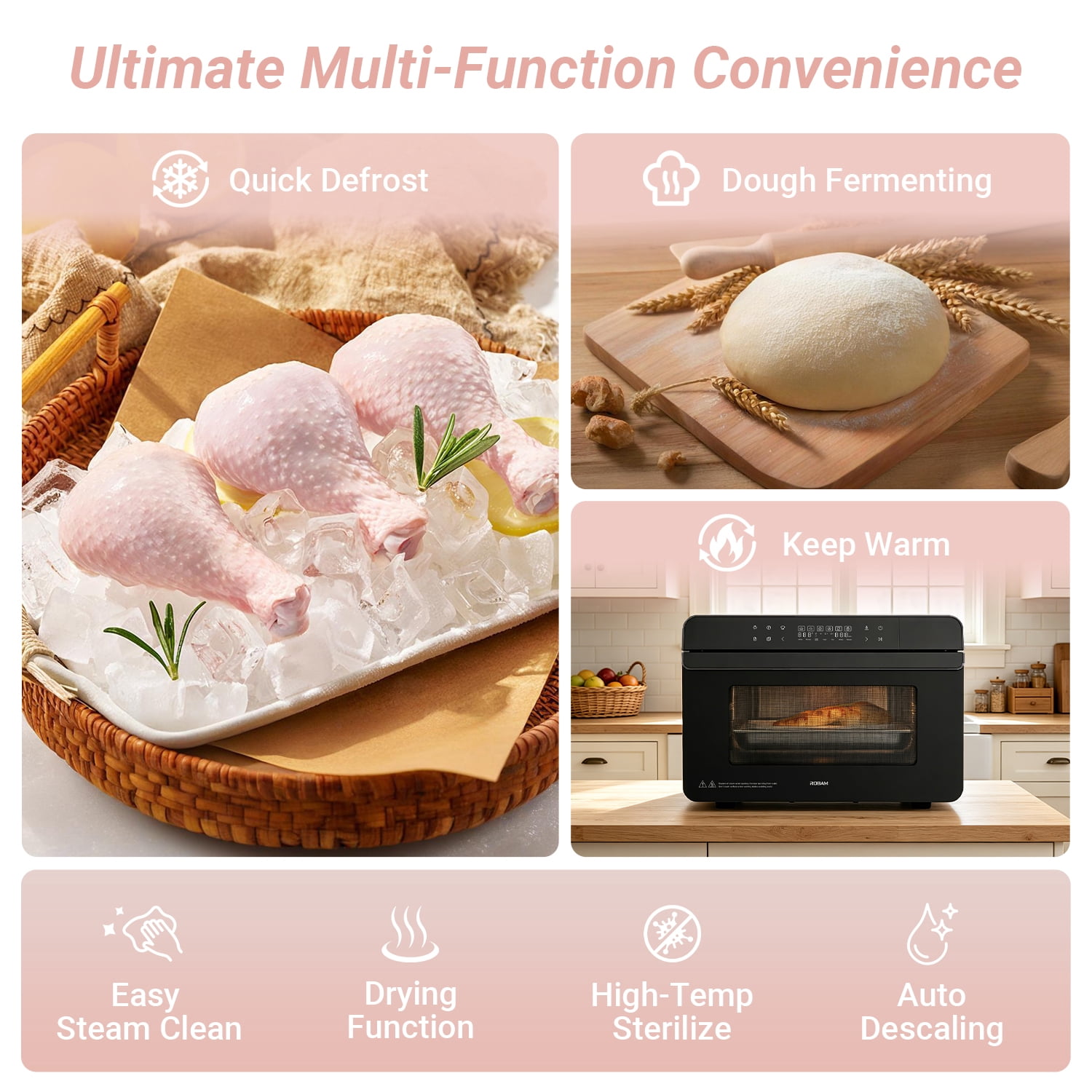 ROBAM R-BOX Combi Steam Oven, 23QT Countertop Steam Oven & Air Fryer Combo, 3 Steam Modes, Professional Steam-Bake, Air Fry, Dehydrate & Ferment, Rapid Heating & Self-Cleaning, Pink