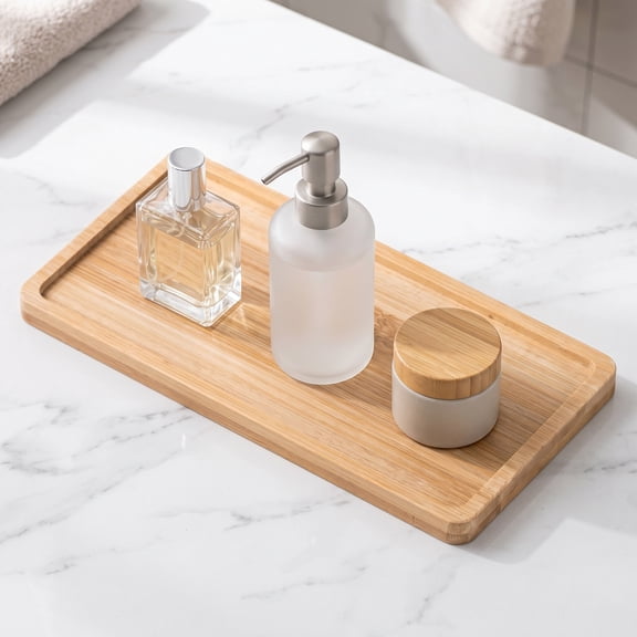 Wooden Vanity Tray with Toilet Tank Organizer, Rectangle Serving Plate for Bathroom and Home Countertop, Brown
