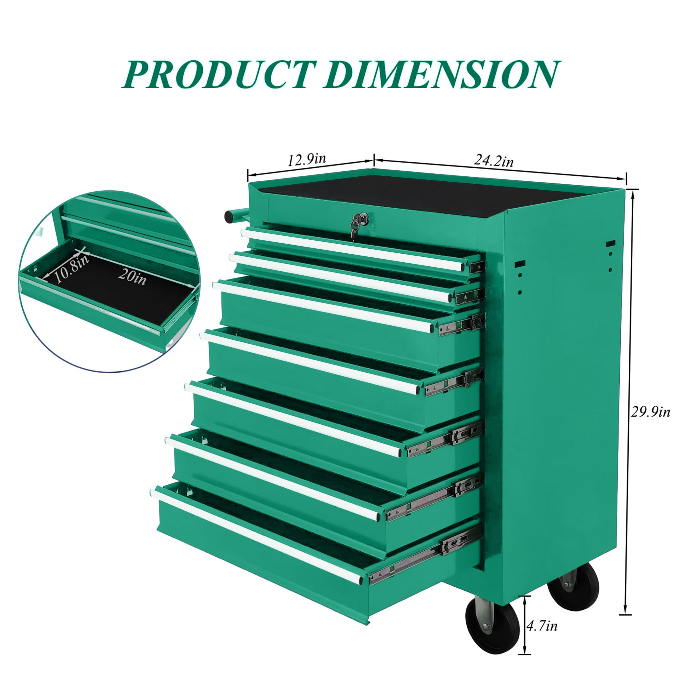 Aukfa Tool Chest, 24.5 in 7-Drawer Steel Rolling Tool Box on Wheels for Workshop Garage, Green