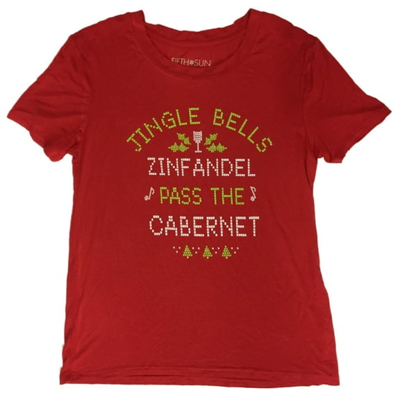 Junior Womens Red Jingle Bells Holiday Christmas Shirt Zinfandel Wine Tee XS