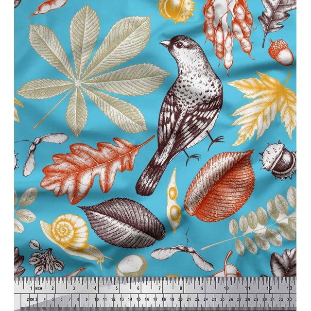 Soimoi Poly Georgette Fabric Bird & Leaves Print Sewing Fabric Yard 42 Inch Wide
