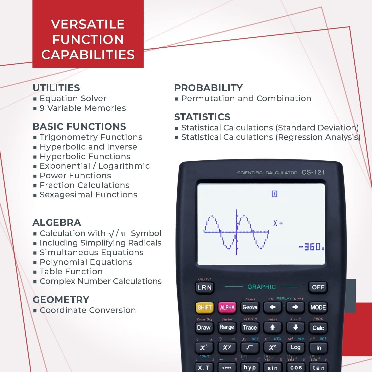 Scientific Calculator with Graphic Functions, Multiple Modes with Intuitive Interface, Perfect for Beginner and Advanced Courses, High School or College, 2 Pack, CS-121