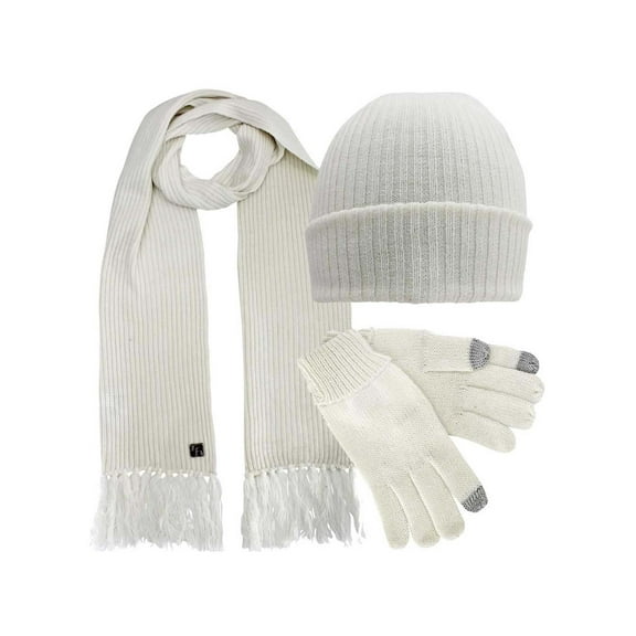 Ivory Ribbed Knit Men's 3 Piece Hat Scarf & Texting Gloves Set