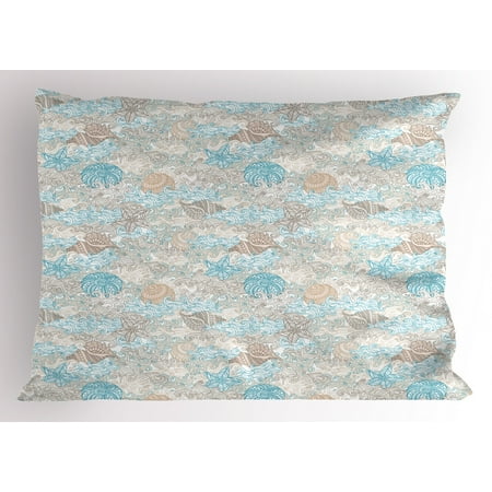 Nautical Pillow Sham Pastel Toned Sea Shell Starfish Mollusk