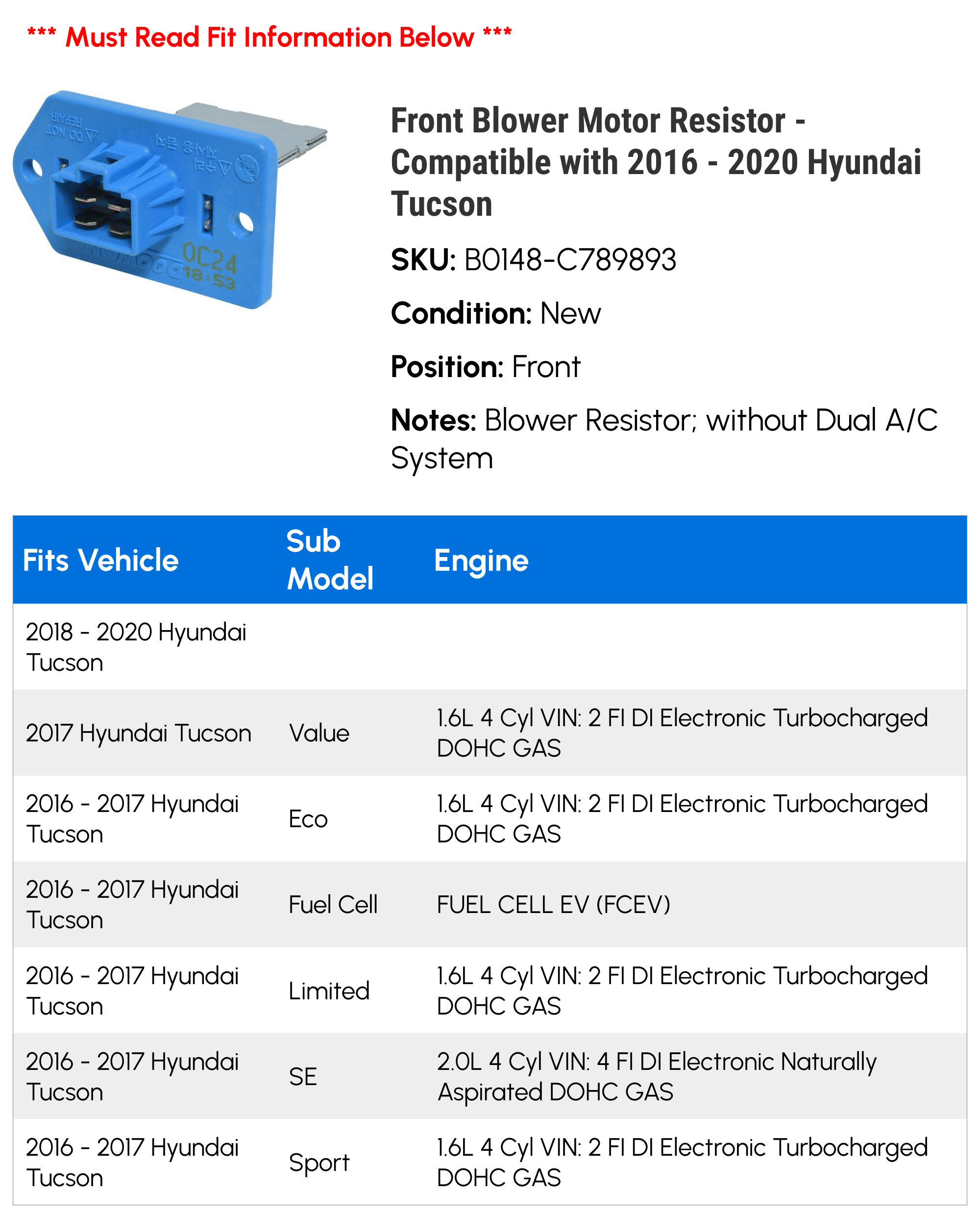 Front Blower Motor Resistor - Compatible with 2016 - 2020 Hyundai Tucson 2017 2018 2019