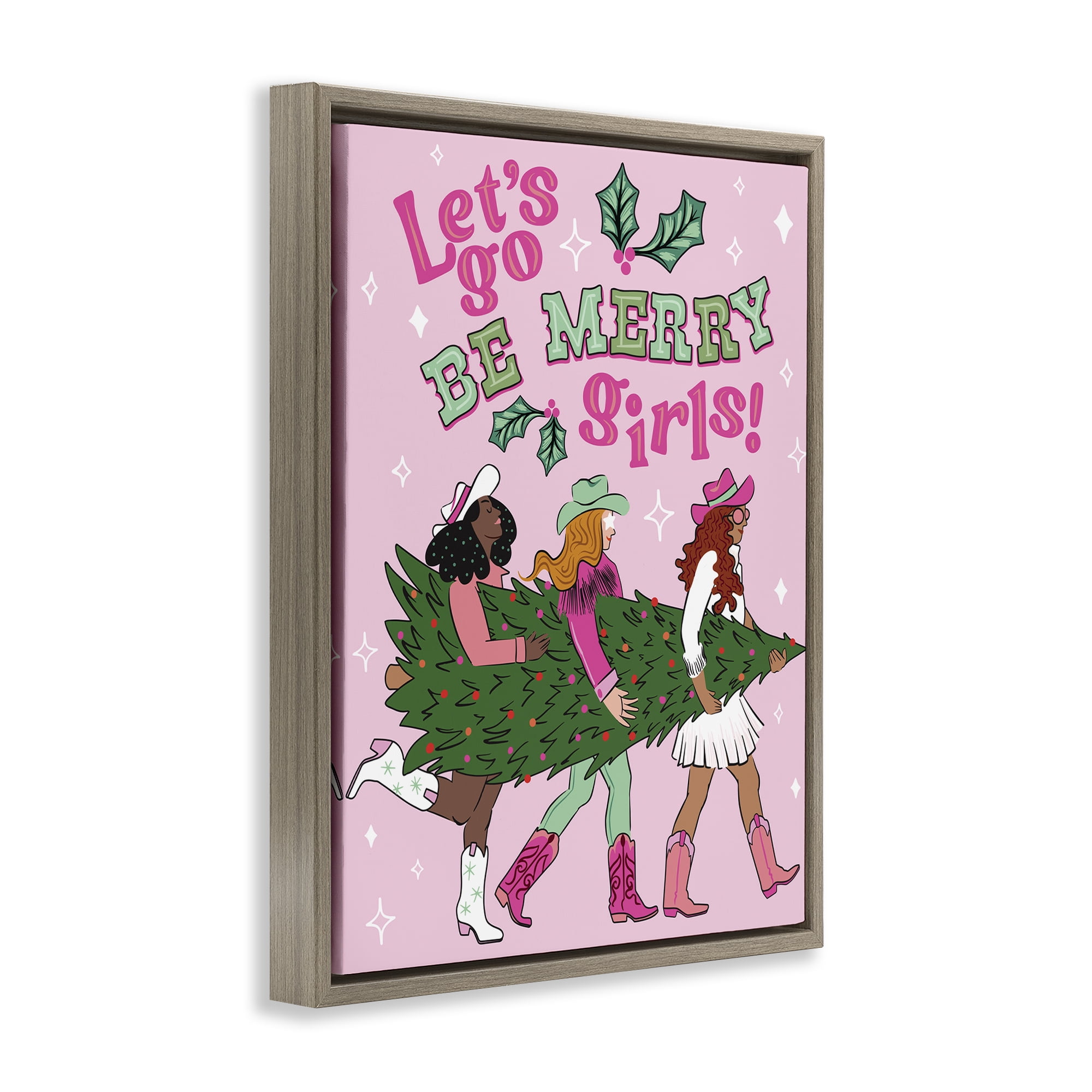 Stupell Industries Be Merry Christmas Cowgirls Holiday Painting Brown Floater Framed Canvas Art Prints Wall Art, 25 x 31