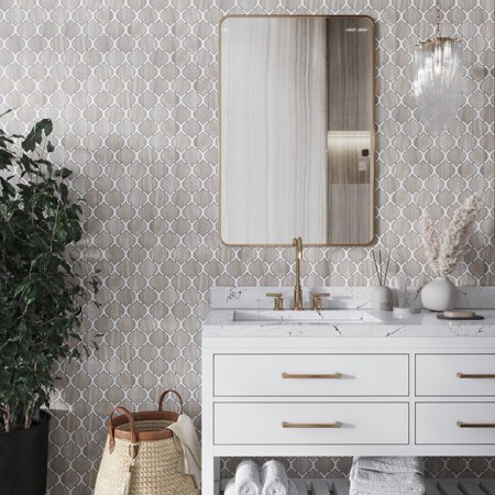 Elysian 10 x 11 in. Polished Soft White, Wooden Brown Marble Mosaic Arabesque Wall and Floor Tile (4 sq ft/case) - 5 Pack