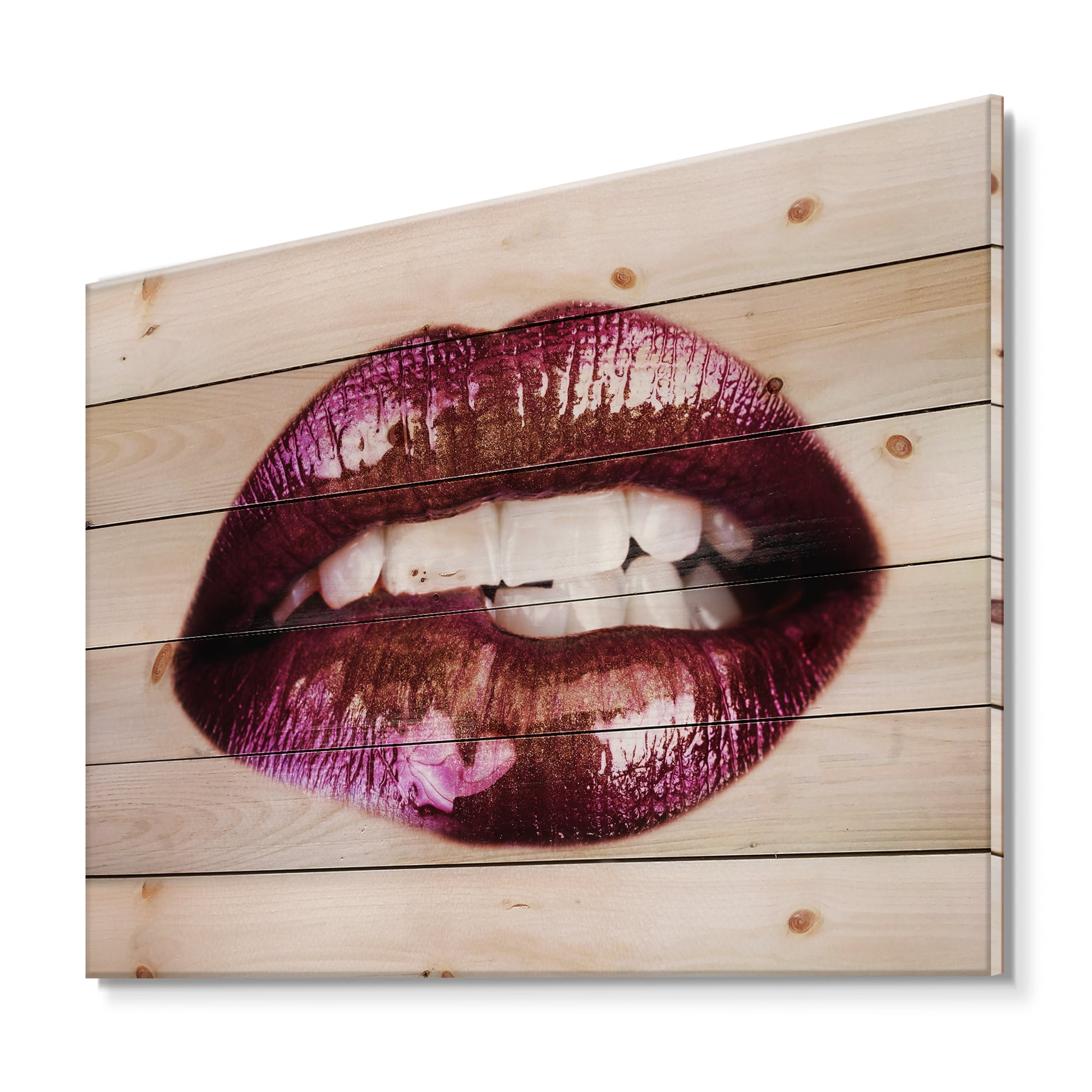 Designart 'Close-Up Of Purple Female Lips' Modern Print on Natural Pine Wood