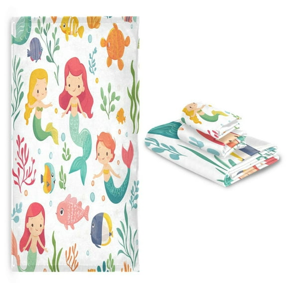 3 Pack Towel Set with Bath Towels, Hand Towels & Washcloths for Everyday Use Colorful Mermaids
