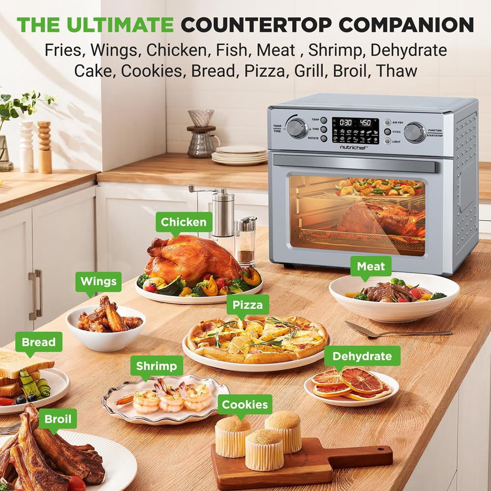 NutriChef 26L Electric Air Fryer Oven, 1700W Countertop Rotisserie & 360° Air Fryer with 10 Presets, Drip Tray, Fry Basket & Bake Rack, 15x16x14, Stainless Steel