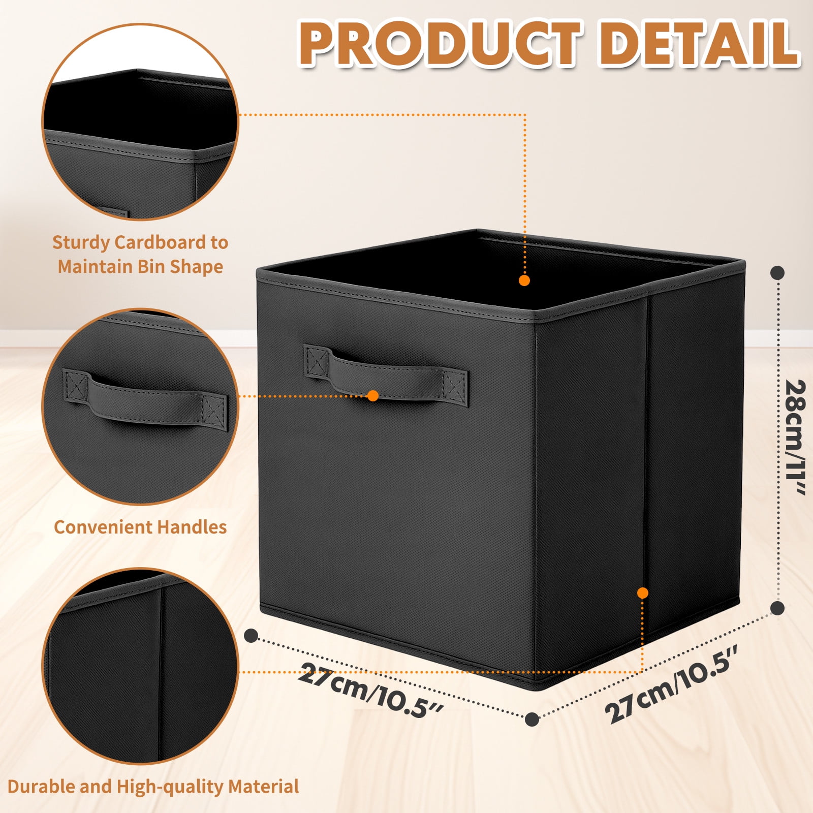PinkSheep Collapsible Fabric Cube Storage Bins, Foldable Storage Cubes Organizer Bins Basket(10.5" x 10.5"), Black, 6 Pack