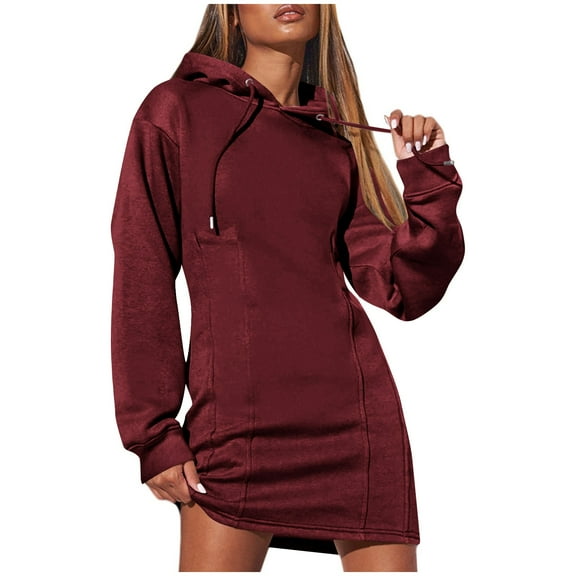 biudgviw Winter Dresses for Women Comfy Fleece Long Sleeve Mini Dress Lounge Pleated Drawstring Pullover Hoodies Sweatshirt