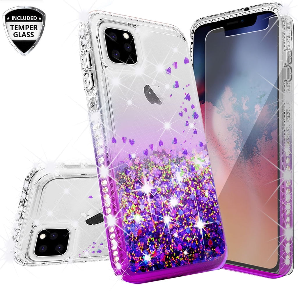 Apple iPhone 13 Case with Tempered Glass Screen Protector, Shock Proof Liquid Glitter Quicksand