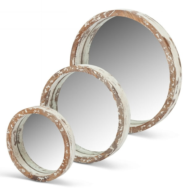 AssortedSize, Nested, Round Wooden Mirrors with CreamColored Worn