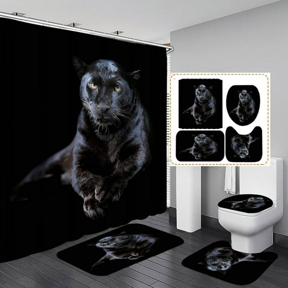 4PCS Black Panther Shower Curtain Set, Cheetah Leopard Jaguar African Wildlife Safari Wild Animal Modern Bathroom Decor, Black Shower Curtain, Non-slip Bath Mat Toilet Rug, Hunting in the Dark