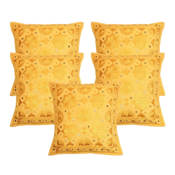 Stylo Culture Indian Decorative Throw Pillow Covers 16 x 16 Embroidered Mustard Yellow Bohemian 40 x 40 cm Bedroom Cotton Mirrored Square Cushion Covers | Set Of 5