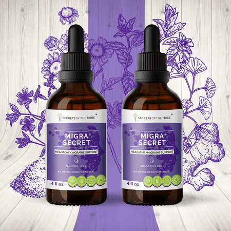 Migra Secret Alcohol-FREE Extract, Tincture, Glycerite Feverfew, Ginger, White willow bark, Periwinkle, Ginkgo, Peppermint. Headache / Migraine Support 2x4 oz