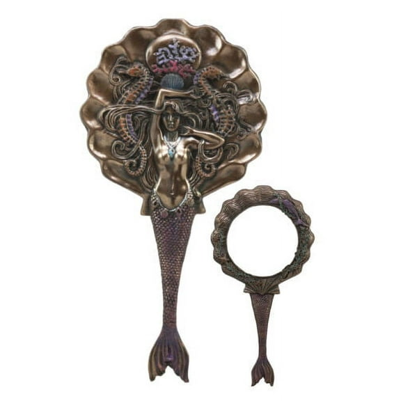 Art Nouveau Sirens of The Seas Mermaid With Seahorses Hand Mirror Figurine 11"H